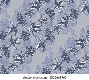 Seamless floral pattern with vine grapes and ornamental hand drawing decorative background. Ethnic seamless pattern ornament. Vector pattern. Print for textile, cloth, wallpaper, scrapbooking
