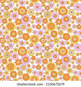 Patrón floral sin foco. El fondo vintage de las pequeñas flores naranja y rosa. Flores pequeñas esparcidas sobre un fondo blanco. Textura vectorial de moda. Motif de primavera. Vector de material.