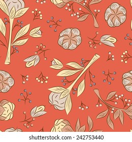 Seamless floral pattern. Vintage floral background. Flowers, leaves, seeds, sprigs.