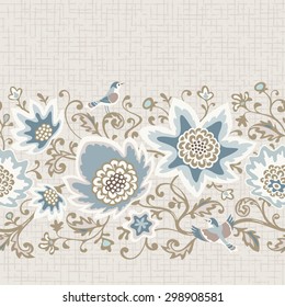 Seamless floral pattern. Vintage background with flowers, leaves and birds. Vector ornamental border.