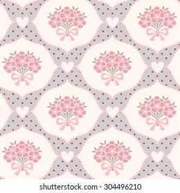 Seamless floral pattern. Vintage background with bouquets of flowers, bows and hearts. Vector polka dot ornament.
