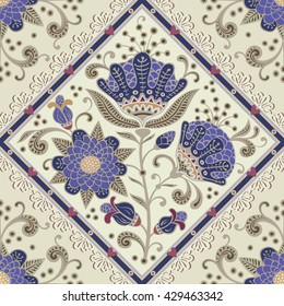 Seamless floral pattern. Vintage background with flowers, leaves, laces, hearts.