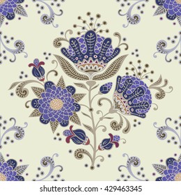 Seamless floral pattern. Vintage background with flowers and leaves.