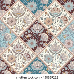 Seamless floral pattern. Vintage background with flowers and leaves. Vector rhombus patchwork ornament.