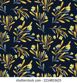 Seamless floral pattern, vintage botanical print with branches on a blue background. Artistic floral design with hand drawn wild flowers, branches, leaves in abstract arrangement. Vector illustration.