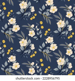 Seamless floral pattern, vintage botanical print with winter botany on a blue background. Beautiful flower design with hand drawn wild plants: small flowers branch, leaves, grass. Vector illustration.