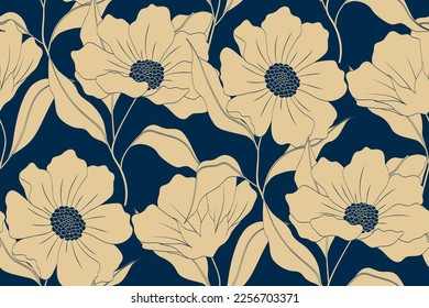 Patrón floral sin foco, huella botánica vintage con grandes plantas dibujadas a mano. Hermoso fondo botánico con flores cosmos, hojas en dos colores. Ilustración vectorial.