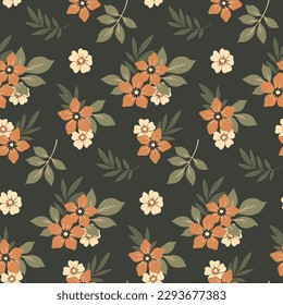 Seamless floral pattern, vintage botanical print with tropical hawaiian motif. Ditsy design with hand drawn autumn botany: small flowers, leaves, bouquets on a dark background. Vector illustration.