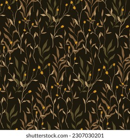 Seamless floral pattern, vintage botanical print of hand drawn autumn botany. Elegant natural design for fabric, paper: small flowers, branches, leaves, herbs on brown background. Vector illustration.
