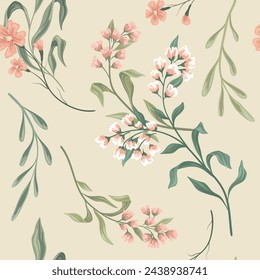 Seamless floral pattern, vintage botanical wallpaper decor in a romantic motif. Elegant flower print, nature design: hand drawn wild flowers, branches, leaves abstract on pink. Vector illustration.