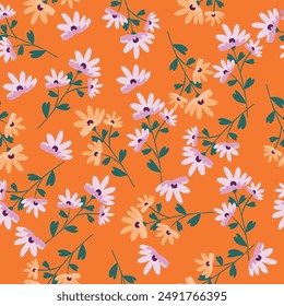 Seamless floral pattern, vintage botanical print with red flowers in abstract arrangement. Beautiful flower background design with wild plants, flowers on stems, leaves. Vector floral illustration.