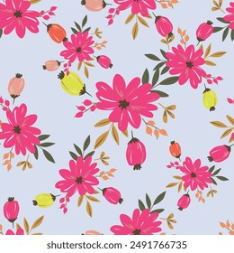 Nahtloses Blumenmuster, Vintage-botanischer Druck mit roten Blumen in abstrakter Anordnung. Wunderschönes Blumenhintergrund-Design mit Wildpflanzen, Blumen auf Stems, Blättern. Vektorgrafik Blumendarstellung.