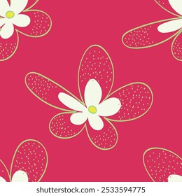 Seamless floral pattern, vintage botanical print with red flowers in abstract arrangement. Beautiful flower background design with wild plants, flowers on stems, leaves. Vector floral illustration