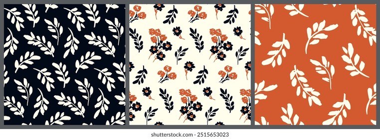 Seamless floral pattern, vintage botany print, abstract ornament of sketch plants. Artistic design in retro motif: small hand drawn flowers, large leaves silhouettes in two colors. Vector illustration