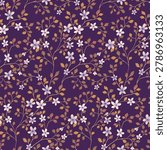 Seamless floral pattern, vintage ditsy print of elegant autumn forest. Stylish botanical design: small hand drawn flowers, tiny leaves, thin tree branches abstract on dark purple. Vector illustration.