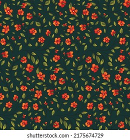 Seamless floral pattern, vintage ditsy print with small red flowers, leaves on tiny twigs. Beautiful botanical background with hand drawn plants, flowers, leaves on a dark field. Vector.