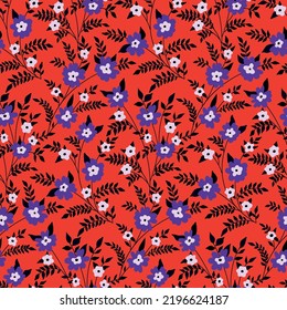 Seamless floral pattern, vintage ditsy print with small flowers on thin branches. Botanical surface design with mini hand drawn plants, flowers, leaves, twigs on red background. Vector.