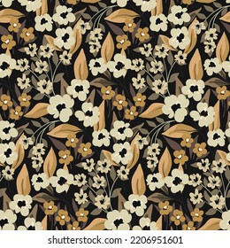 Seamless floral pattern, vintage ditsy with artistic autumn meadow. Abstract botanical arrangement of hand drawn wild plants: small flowers, branches, leaves on a dark background. Vector illustration.