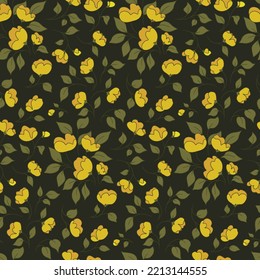 Seamless floral pattern, vintage ditsy print with romantic garden. Beautiful botanical design with hand drawn wild plants, small yellow flowers, leaves, twigs on a dark background. Vector illustration