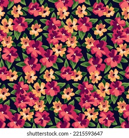 Seamless floral pattern, vintage ditsy print with small hand drawn flowers, colorful meadow. Beautiful floral design with small flowers, leaves on a dark background. Vector botanical illustration.