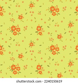 Seamless floral pattern, vintage ditsy print with cute tiny flowers, leaves in liberty arrangement. Romantic flower design with small hand drawn flowers on a yellow background. Vector illustration.