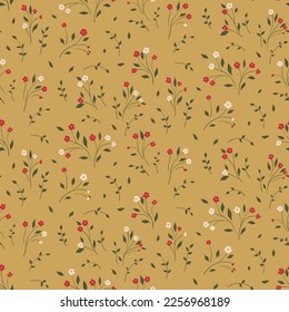 Seamless floral pattern, vintage ditsy print with tiny hand drawn plants. Cute botanical design with small flowers on thin branches, leaves on a mustard background. Vector illustration.