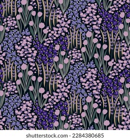 Seamless floral pattern, vintage ditsy wild garden print. Decorative botanical design with tiny hand drawn flora in purple colors: small flowers, leaves, grass on dark background. Vector illustration.