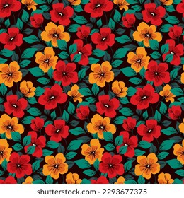Seamless floral pattern, vintage ditsy print with hand drawn ornate garden. Artistic botanical design for fabric, paper with small red, yellow flowers, leaves on a dark background. Vector illustration