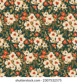 Seamless floral pattern, vintage ditsy print with pretty autumn botany. Elegant botanical design for fabric, paper: small hand drawn flowers, leaves, bouquets on a dark background. Vector illustration