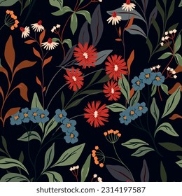 Seamless floral pattern, vintage ditsy print with wild flowers, herbs. Beautiful botanical design with hand drawn wild plants: small flowers, leaves, branches on a dark background. Vector illustration