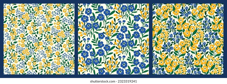 Patrón floral sin foco, impresión de color marrón vintage con jardín silvestre, prado en conjunto. Diseño botánico con pequeñas plantas dibujadas a mano: flores pequeñas azules, amarillas, hojas sobre fondo blanco. Ilustración vectorial.