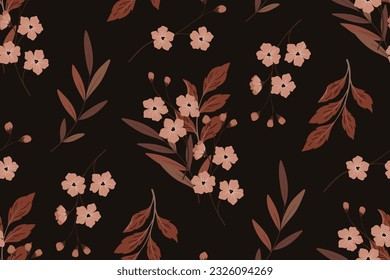 Seamless floral pattern, vintage ditsy print with autumn herbs. Elegant botanical design with hand drawn wild plants: small flowers, leaves, branches on a dark brown background. Vector illustration.