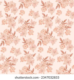 Seamless floral pattern, vintage ditsy print of small watercolor plants. Delicate botanical design in pastel colors: hand drawn tiny flowers, leaves, bouquets on light background. Vector illustration.