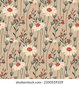 Seamless floral pattern, vintage ditsy print with wild flowers. Beautiful botanical design, flower background: hand drawn cupped daisies, leaves, herbs on a delicate beige field. Vector illustration.