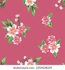Seamless floral pattern, vintage ditsy print with small painted bouquets. Romantic old style botanical design: hand drawn flowers buds, tiny leaves on purple-red background. Vector illustration.