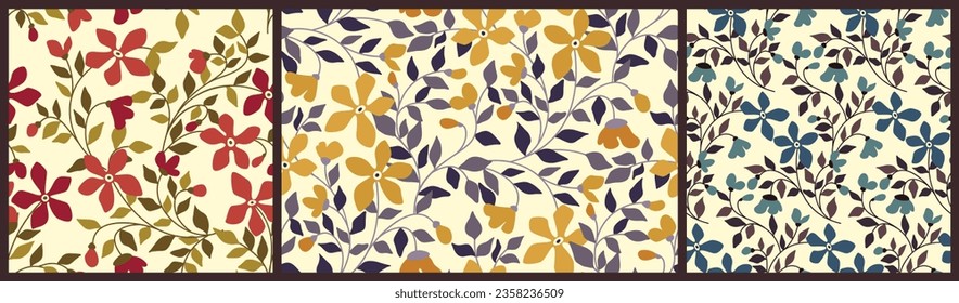 Seamless floral pattern, vintage ditsy print with garden flowering branches in collection. Botanical design in the old style: small hand drawn flowers, leaves, thin branches, light background. Vector.