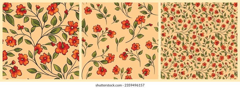 Seamless floral pattern, vintage ditsy print, ornament with hand drawn branches in the collection. Cute botanical design: small red flowers, tiny leaves, thin stems on a light background. Vector.