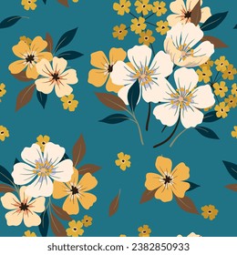 Seamless floral pattern, vintage ditsy print, natural ornament with folk, rustic motif. Botanical design with hand drawn wild plants, small yellow flowers, leaves, bouquet on blue. Vector illustration