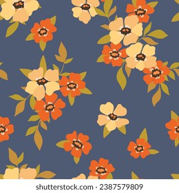 Seamless floral pattern, vintage ditsy print with autumn, winter motif. Beautiful botanical design of simple plants: hand drawn small flowers, leaves, bouquets on blue background. Vector illustration.
