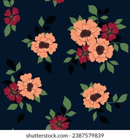 Seamless floral pattern, vintage ditsy print with simple large bouquets. Old fashion botanical design with boho motif: hand drawn flowers, leaves on a dark blue background. Vector illustration.