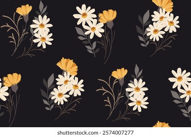 Seamless floral pattern, vintage ditsy print of wild plants in autumn colors. Beautiful botanical design of hand drawn flowers, simple chamomile, leaves in bouquets on brown. Vector illustration.