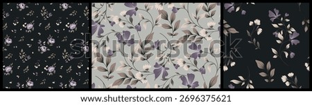 Seamless floral pattern, a vintage ditsy print of hand-drawn winter wild plants in an abstract. Elegant botanical design of large and small flowers, twigs, leaves in dark colors. Vector illustration.