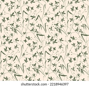 Seamless floral pattern, vintage flower design with small ink flowers, twigs on a light background. Vector.