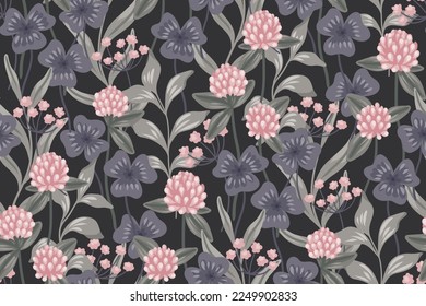 Seamless floral pattern, vintage flower print with ornate wild garden in dark colors. Elegant botanical design: hand drawn plants, clover flowers, leaves, herbs on dark background. Vector illustration