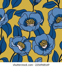 Seamless floral pattern, vintage flower print with line art plants. Beautiful botanical design with hand drawn flowers, branches, leaves. Large blue botany on a yellow background. Vector illustration.