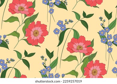 Seamless floral pattern, vintage flower print with wild plants. Beautiful botanical design with large hand drawn flowers, small flowers on a branch, leaves on a light background. Vector illustration.