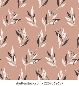 Seamless floral pattern, vintage flower print with decorative art plants. Elegant botanical design with hand drawn plants: small flowers, branches, leaves on a neutral background. Vector illustration.