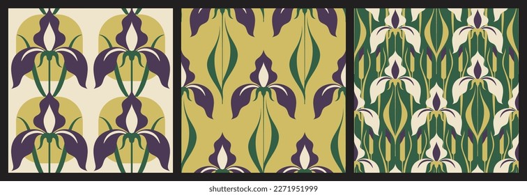 Seamless floral pattern, vintage flower print with decorative art iris flowers in set. Elegant botanical design with iris flowers on stems, leaves. Background in art nouveau style. Vector illustration