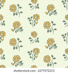 Seamless floral pattern, vintage flower print with decorative rose branches. Cute botanical design of hand drawn plants: small flowers, branches with leaves on a light background. Vector illustration.
