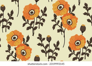 Seamless floral pattern, vintage flower print with wild plants in autumn colors. Elegant botanical design for fabric, paper: hand drawn poppy flowers, leaves on a light background. Vector illustration